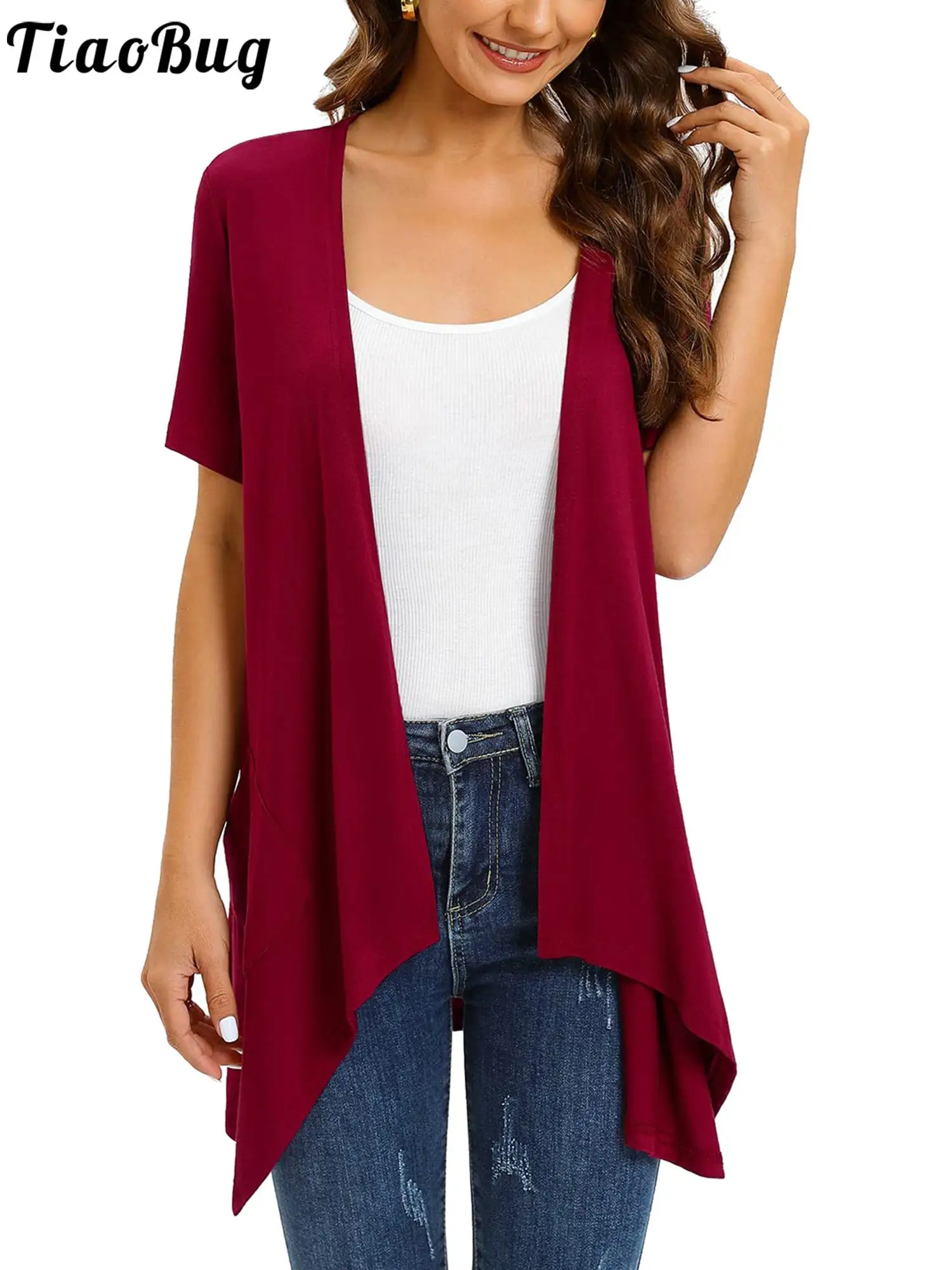 

Womens Chiffon Cardigan Versatile Solid Color Short Sleeve Open Front Asymmetrical Hem Bolero Outerwear for Beach Office Casual