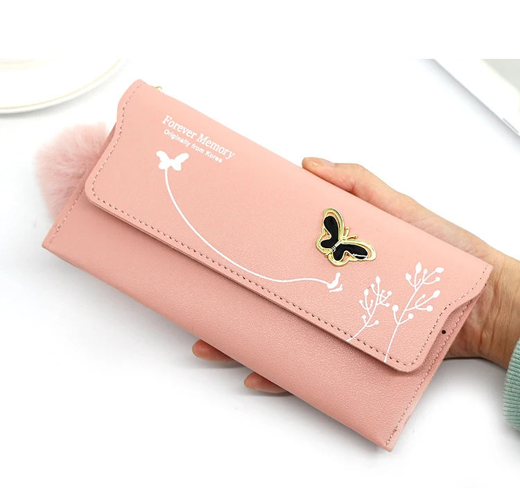 

2022 Trend Fashionable Women Long Wallets Pure Color Wool Ball Bow Clutch Bag Women's Long Bag Card Bag Coin Purse Card Holder