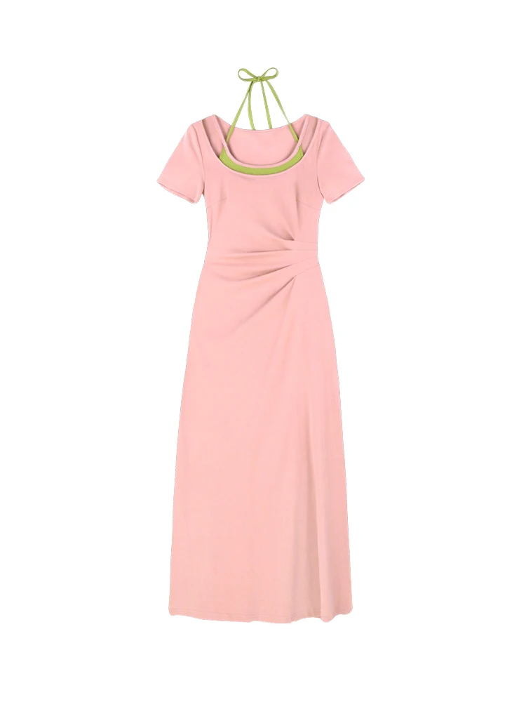 

Китайское Ретро трикотажное платье с коротким рукавом для женщин Летняя Повседневная футболка-юбка