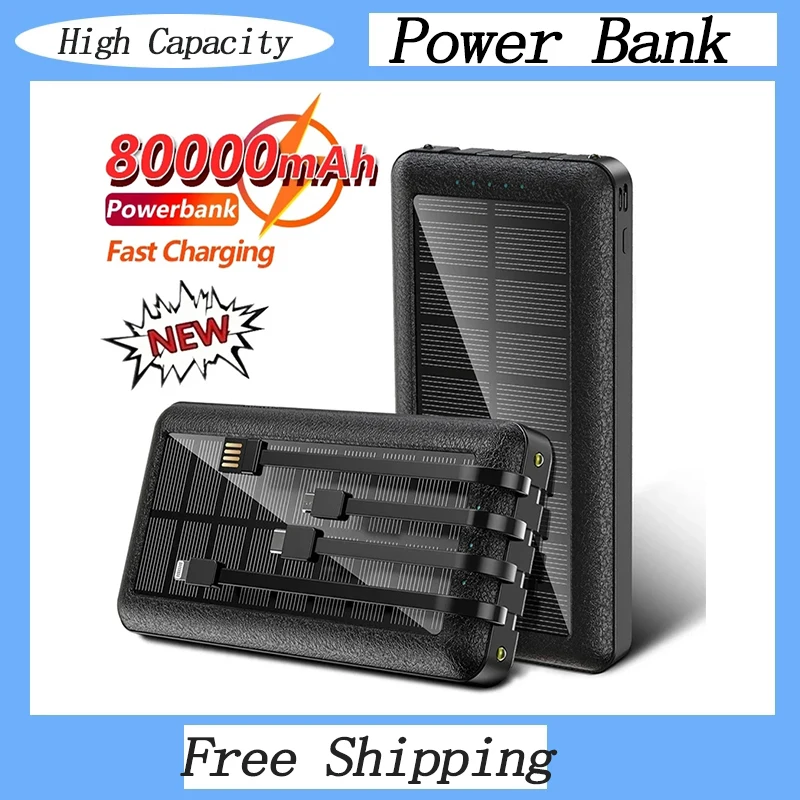 

Solar 80000mAh Charger Power Bank with Charging Cable Portable Poverbank Fast Charging External Battery for Xiaomi Iphone Huawei