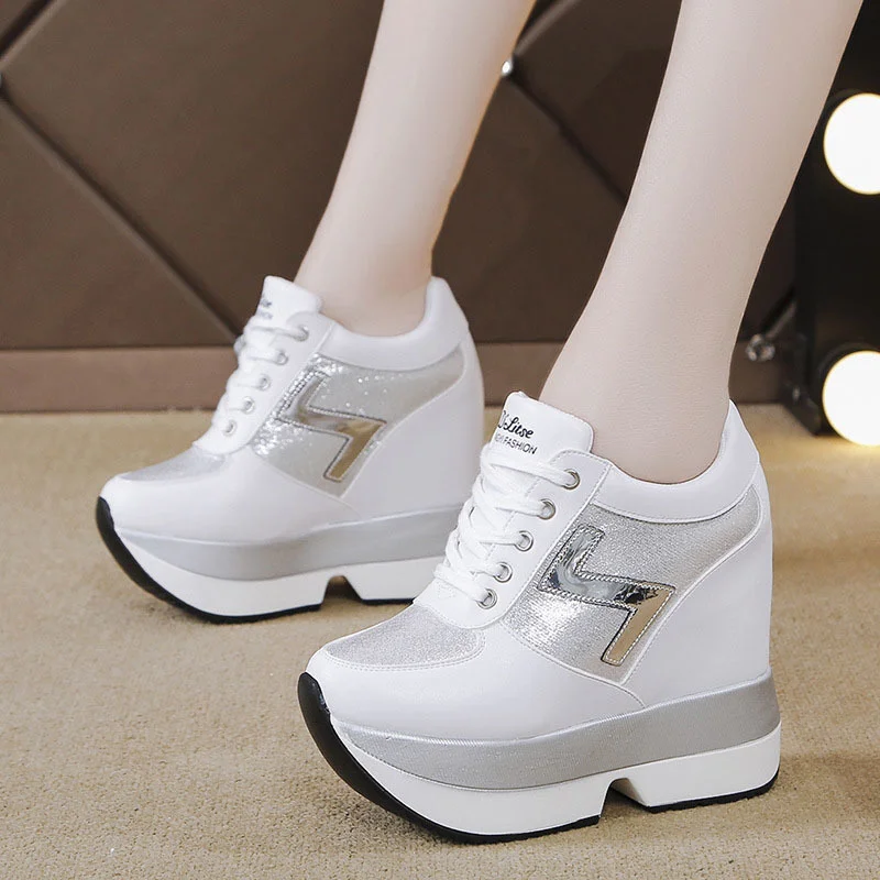 

Fashion Women's High Platform Casual Shoes White Height Increasi Leathe Shoes 10 CM Thick Sole Trainers Lady Shoe White Sneakers