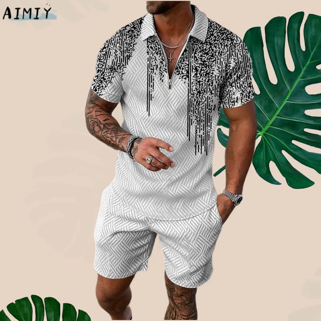 Men's Summer Tracksuit Fashion Turn Down Collar Zipper Polo Shirt+Shorts Sports Jogging Suit Casual Stylish Sweatersuit Set Top