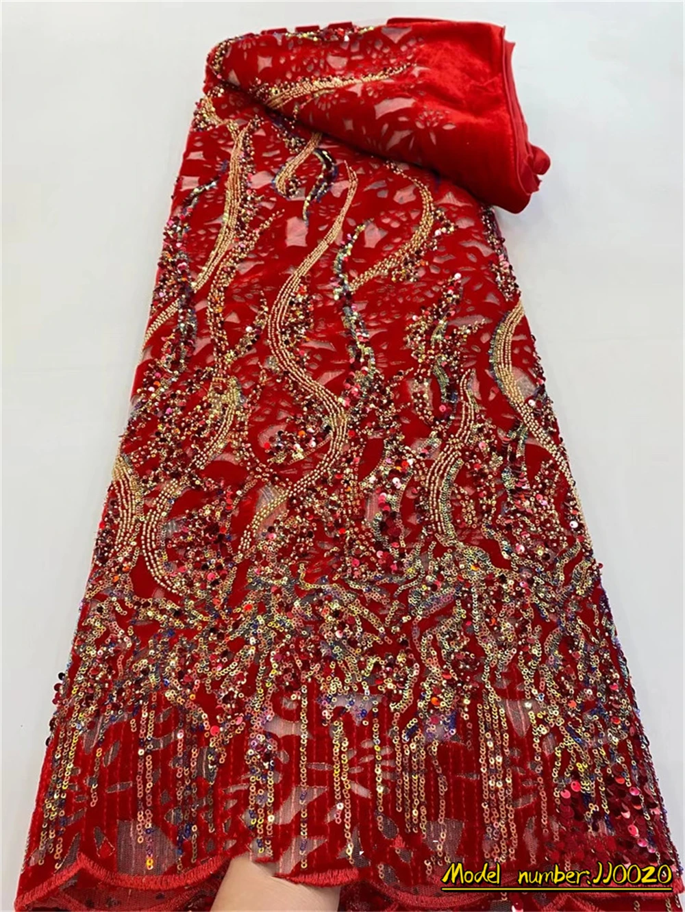 

African Flocking Velvet Lace Fabric 2022 High Quality Lace French Nigerian Sequins + Bead Lace Fabrics For Wedding Sewing JJ0020