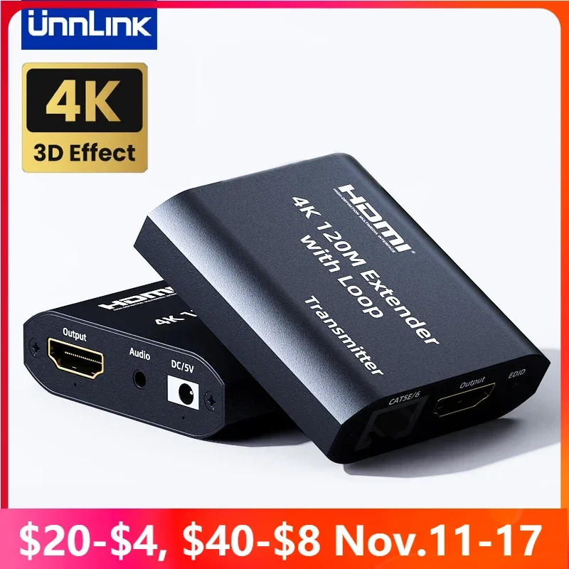 

Удлинитель Unnlink HDMI 120 м 4K HDMI Ethernet удлинитель RJ45 Cat5/6 приемник-передатчик с аудиовыходом 3,5 мм для PS4 ПК ТВ