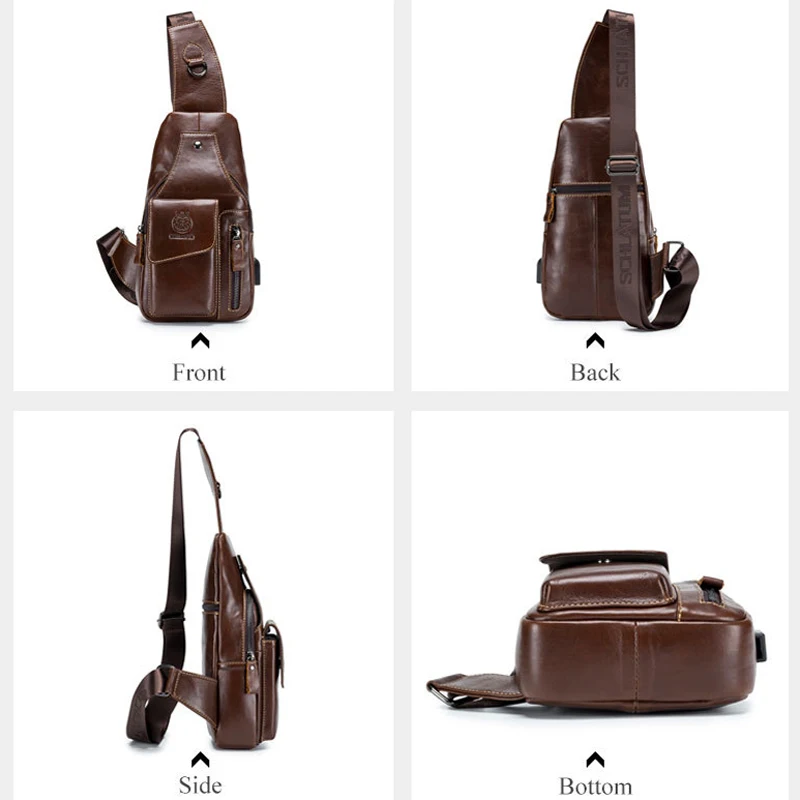 Men Original Chest Bag Real Leather Crossbody Chest Sling Bag USB Design Travel One Shoulder Bag Daypack Male Vintage Chest Pack
