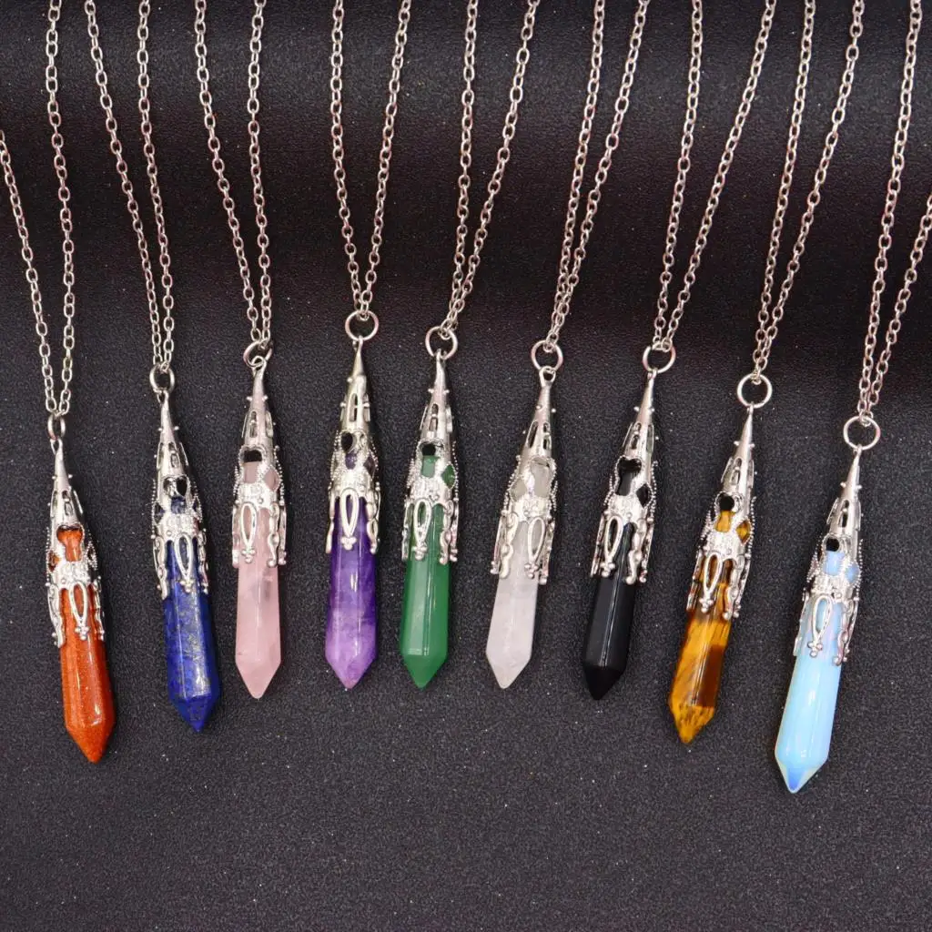 

Natural Stone Hexagon Reiki Bullet Crystal Column Pendulum Pendant Necklace Women's Sweater Chain Couples Jewelry