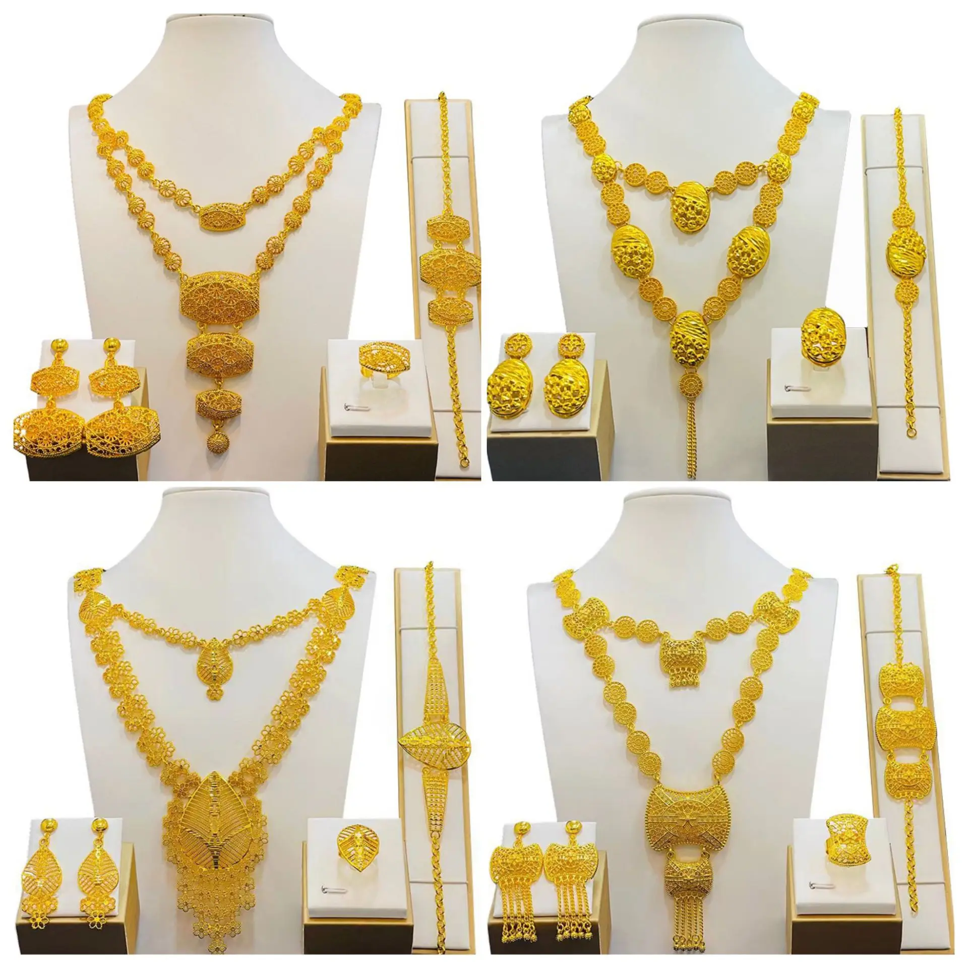 

24k Gold Dubai Bride Wedding Jewelry Set Middle East Ladies Necklace Earrings Ring Bracelet Nigerian Jewelry Wholesale