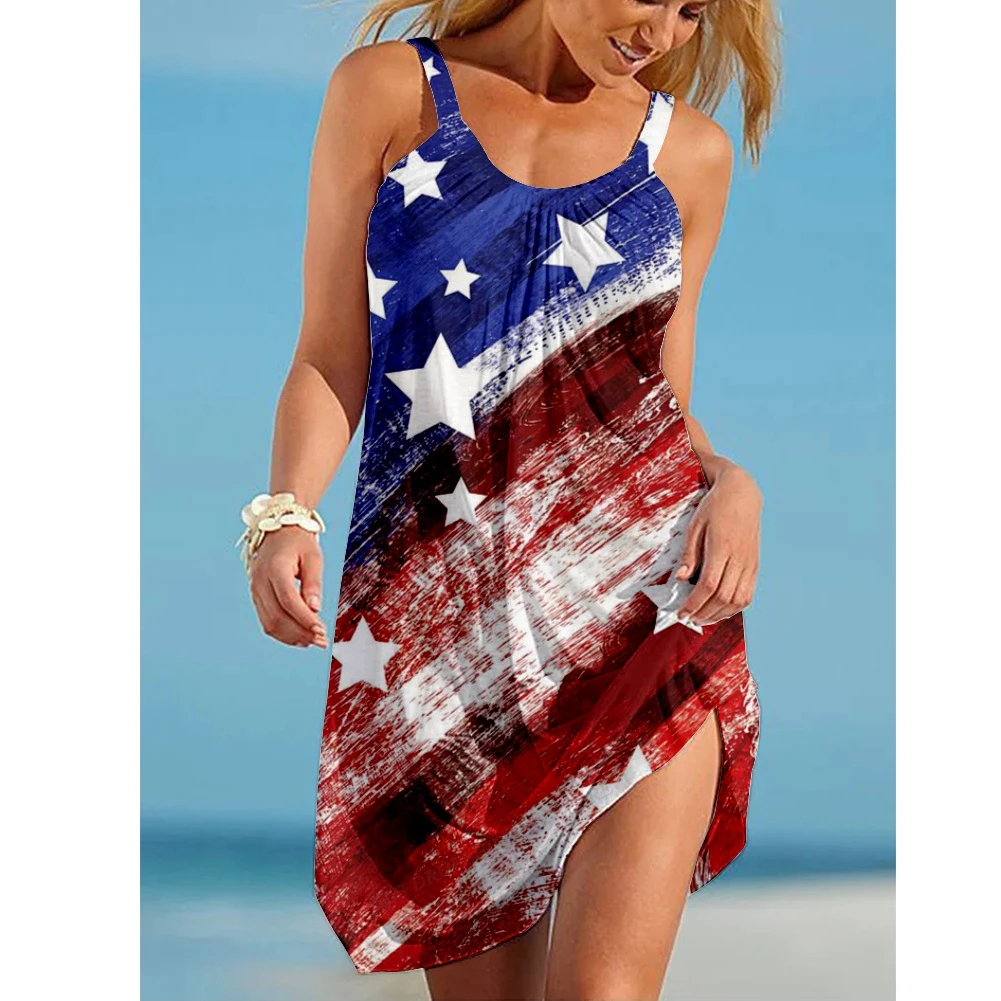 Summer USA Flag Dress Women Fashion Sleeveless Boho Beach Dresses Party Evening Stripe Strap Dress Sexy Midi Holiday Sundress