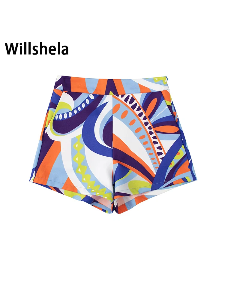 

Willshela Women Fashion Printed Side Zipper Skirts Shorts Vintage High Waist Female Chic Lady Casual Shorts