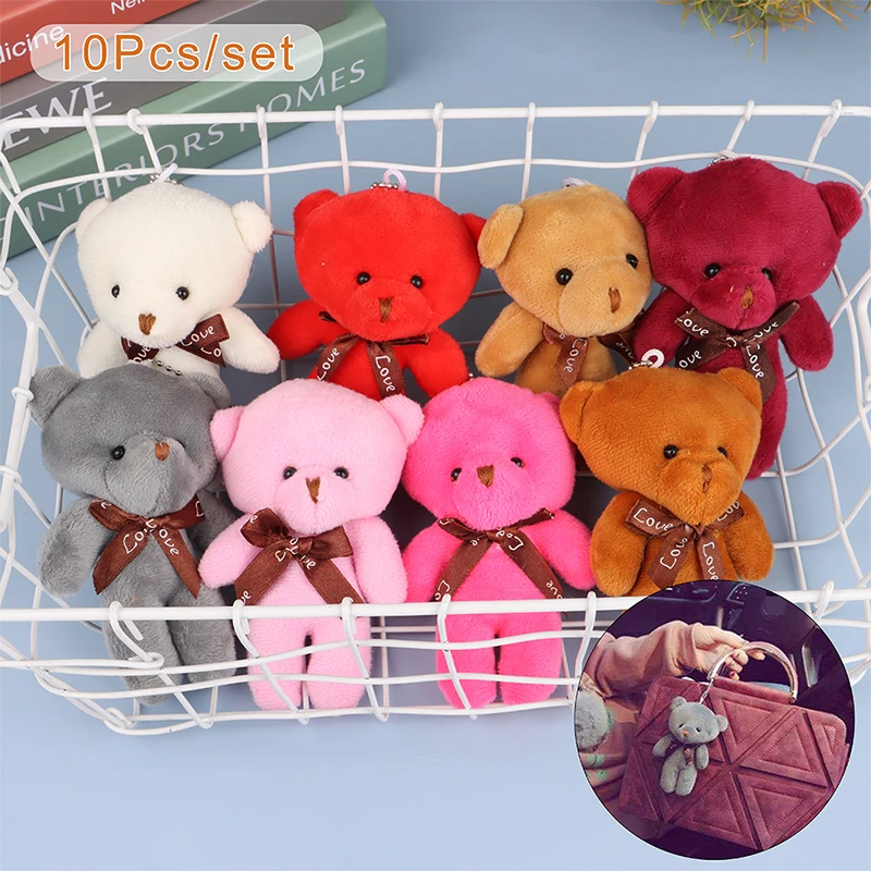 

10Pcs 12cm Mini Bear Flower Bouquet Plush Toy Soft Stuffed Doll Siamese Bear Keychain Pendant Bouquet Gift Party Decor