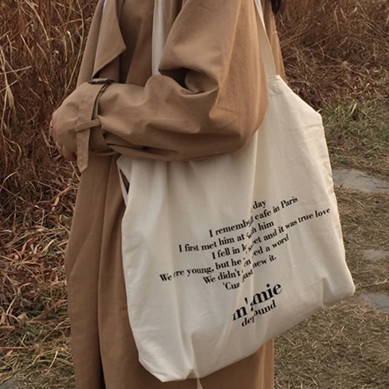 

Women Canvas Shoulder Bag Letter Print Ladies Shopping Bags Cotton Cloth Fabric Grocery Handbags Tote Books Bag For Girls
