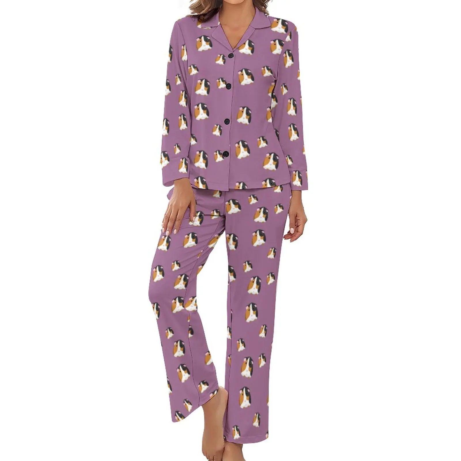 

Lavender Guinea Pig Pajamas Long Sleeves Animal Print 2 Pieces Aesthetic Pajamas Set Spring Female V Neck Elegant Nightwear