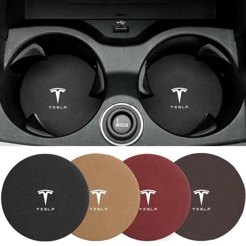 

Leather Car Coaster Water Cup Holder Anti-Slip Pad For Tesla Model 3 Model S Model X Model Y Roadster Bonina Coil