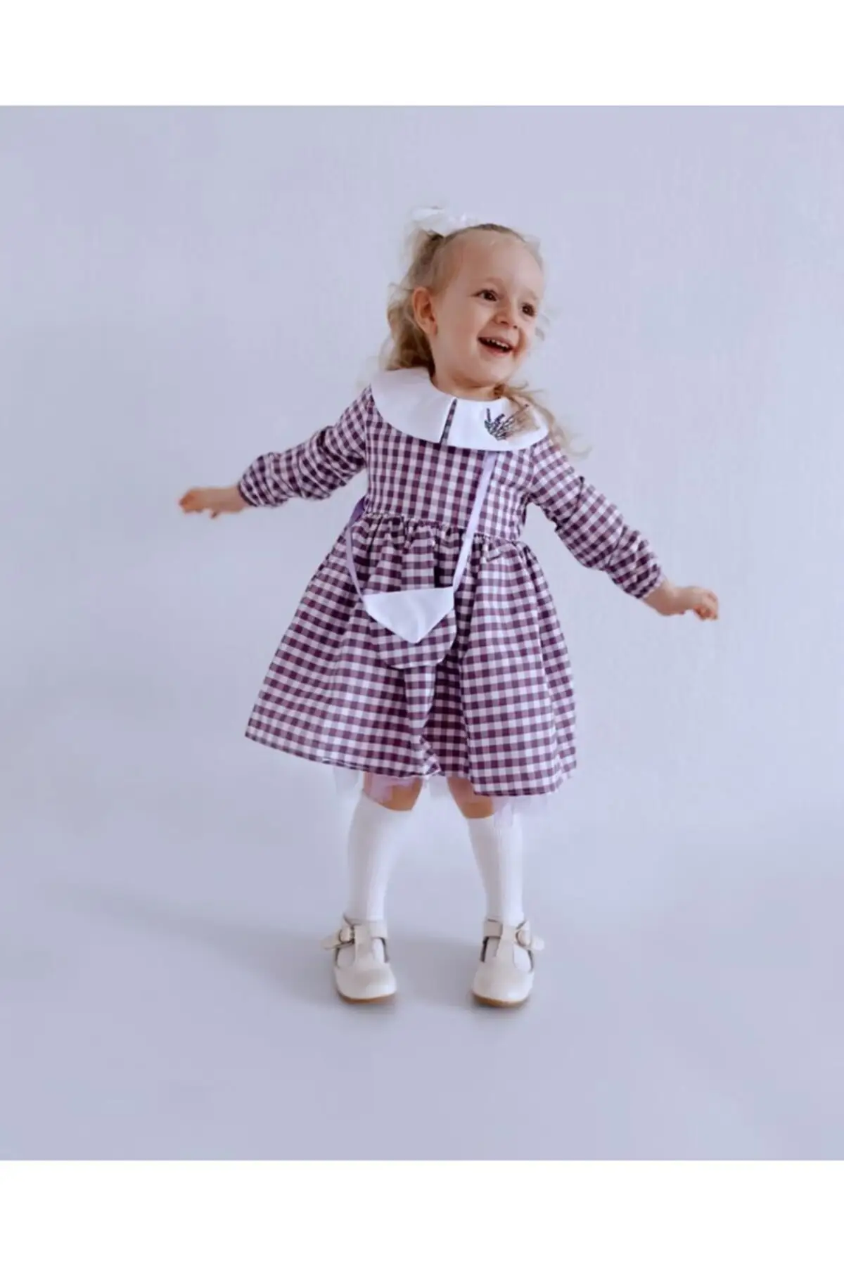 

Женское платье с лавандовым воротником, фиолетовое платье с длинным рукавом и цветочным рисунком, стандартный дизайн для средней школы