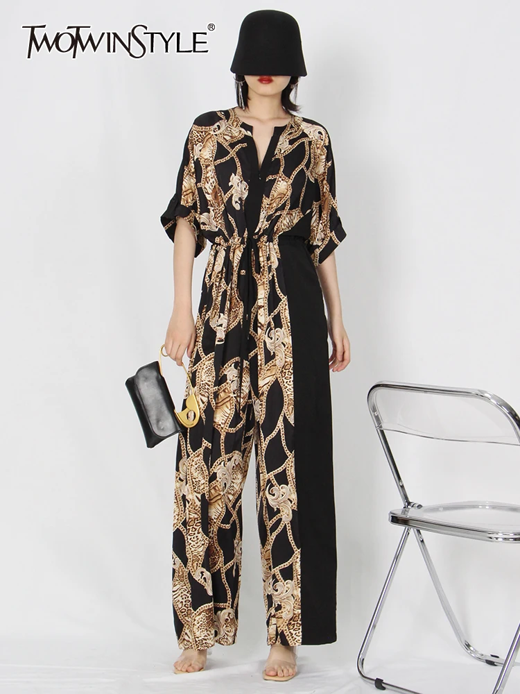 

TWOTWINSTYLE Loose Wide Leg Pants For Women V Neck Half Sleeve High Waist Print Colorblock Jumpsuit Female Summer Clothing Style