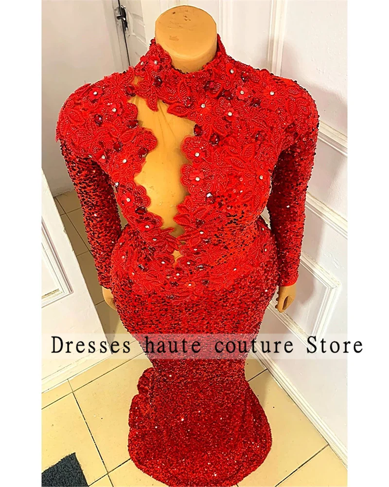 

2022 Sparkly Red Sequined Mermaid Evening Dresses Appliques Long Sleevs Formal Party Gowns Aso Ebi Robes De Soirée