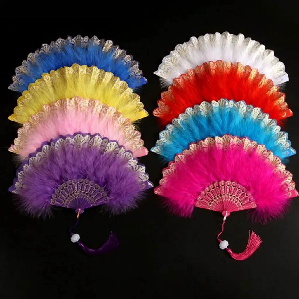 

Lolita Feather Folding Fan Japanese Girl Gothic Court Dance Hand Fan with Pendant Gift Wedding Party Decoration
