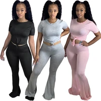 gl6291 ladies two piece summer womens sexy streetwear solid color tight big flared trousers sports suit women