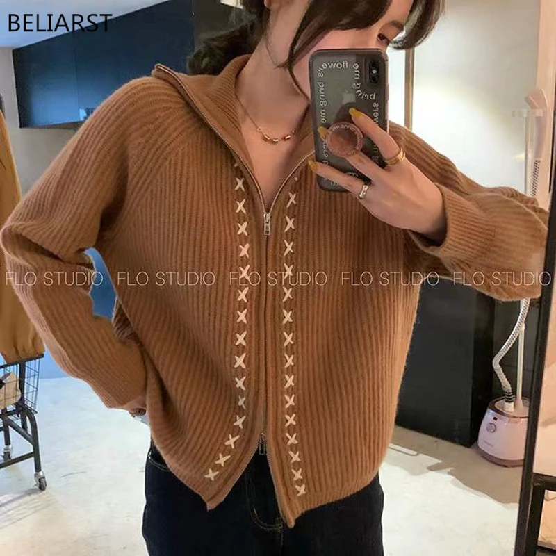BELIAESR Cashmere Sweater Women Zipper Stand Collar Cardigan 100% Pure Wool Knitted Tops Spring / Autumn Casual Jacket Korean