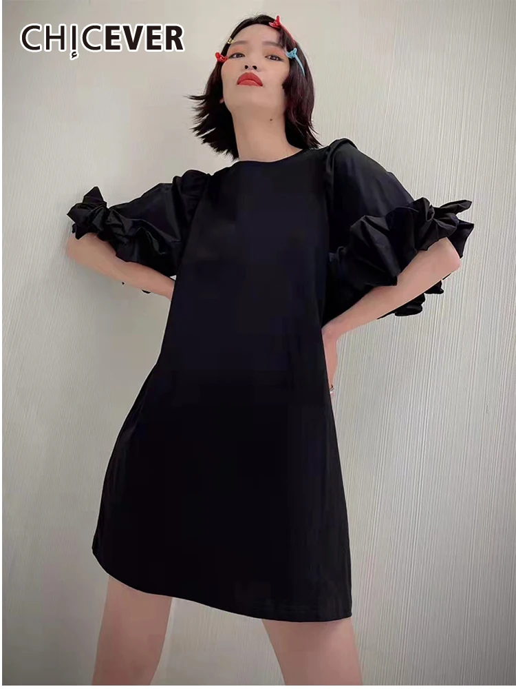

CHICEVER Minimalist Mini Dress For Women Round Neck Puff Short Sleeve Solid Elegant Dresses Clothing Fashion Summer 2022 Style