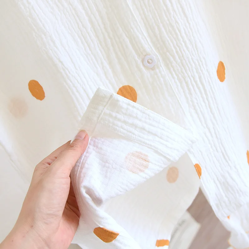 Spring and summer new women's pajamas short-sleeved trousers set 100%cotton crepe polka dot plus size two-piece home wear Ladies