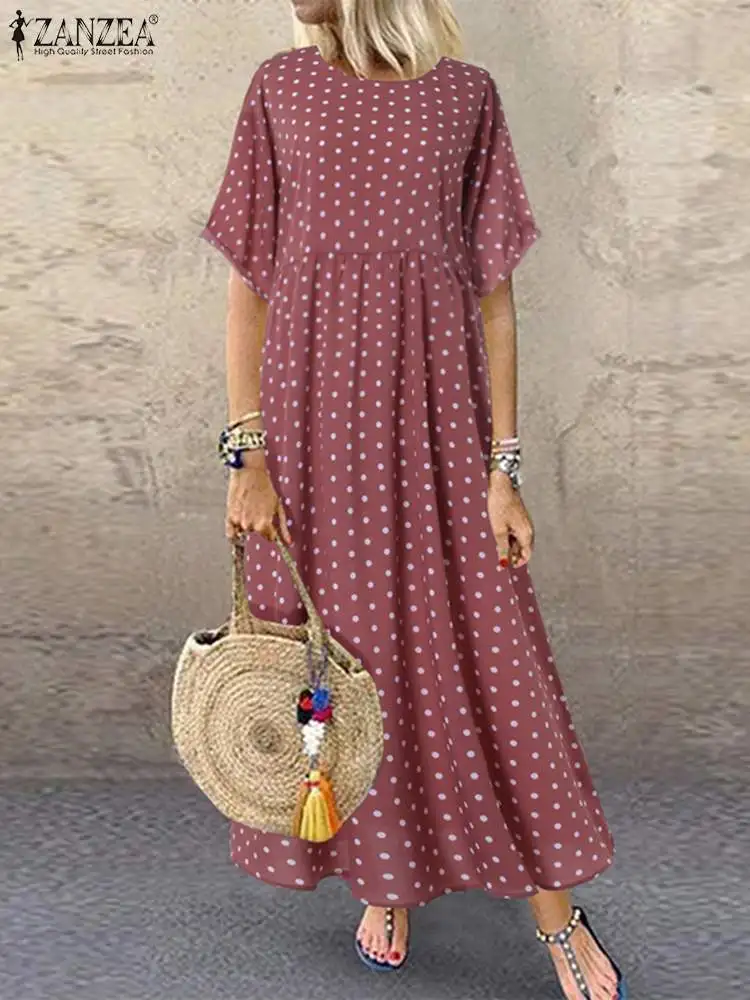 

Summer Short Sleeve Polka Dot Printed Beach Dress ZANZEA Bohemian Vintage Holiday Long Sundress Robe Femme Women Party Vestidos