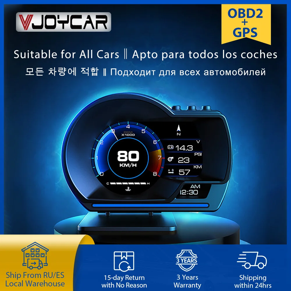 

Vjoycar V60 Newest Head Up Display Auto Display OBD2+GPS Smart Car HUD Gauge Digital Odometer Security Alarm Water&Oil