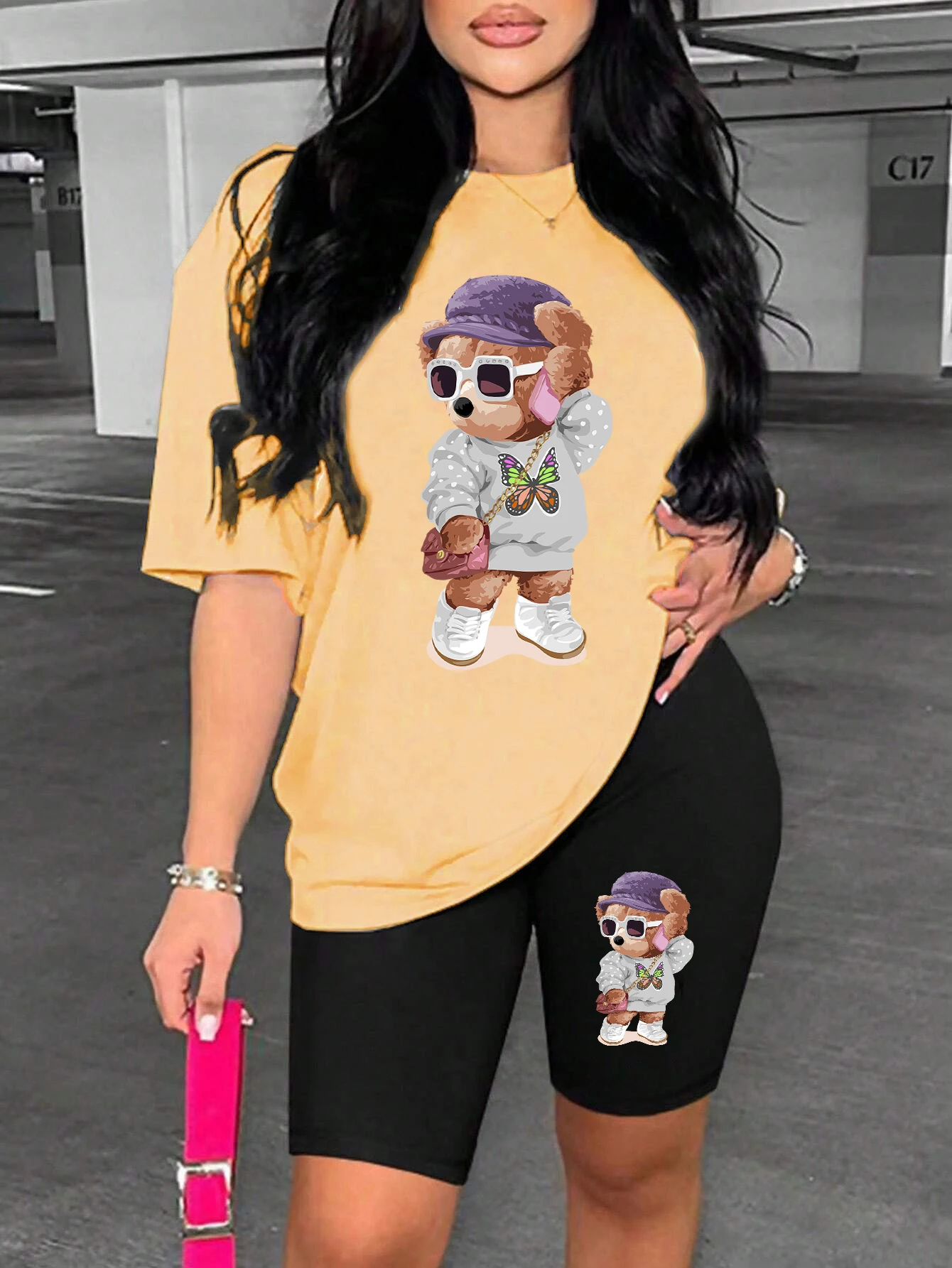 Женский комплект из двух предметов футболка с принтом плюшевого медведя и