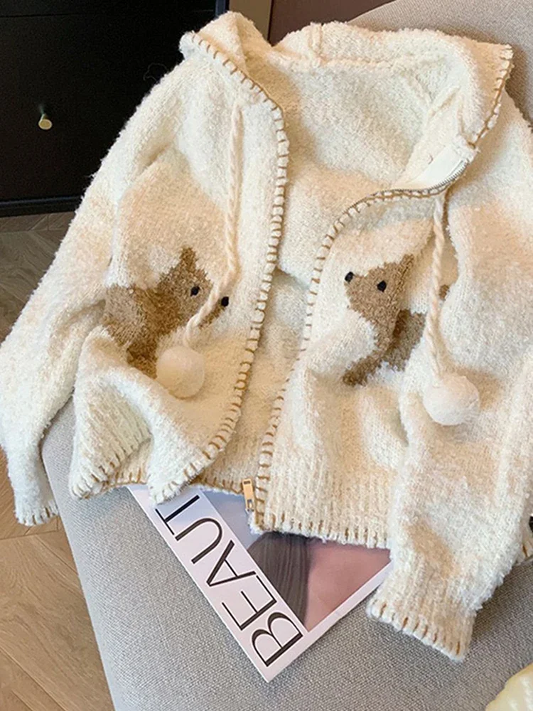 Женский осенне-зимний вязаный кардиган с капюшоном и принтом милой собаки