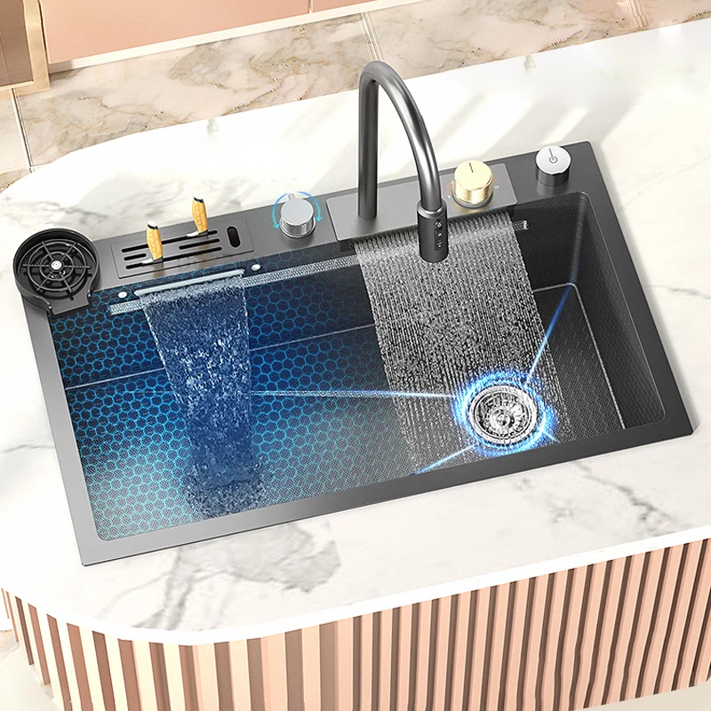 

Waterfall Sink Kitchen Sink Stainless Steel Embossed Large Single Slot Wash Basin With Waterfall Faucet Washing pond