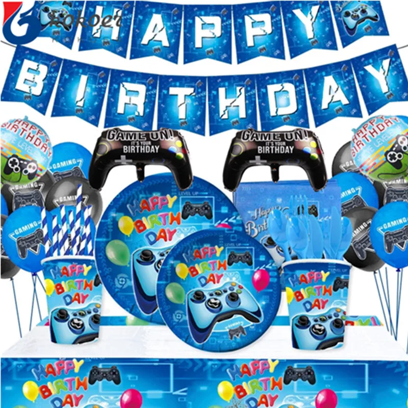 

Blue Game Themed Cartoon Party Set Dinnerware, plates, cups, napkins, banners, birthday balloons, children's party decorations
