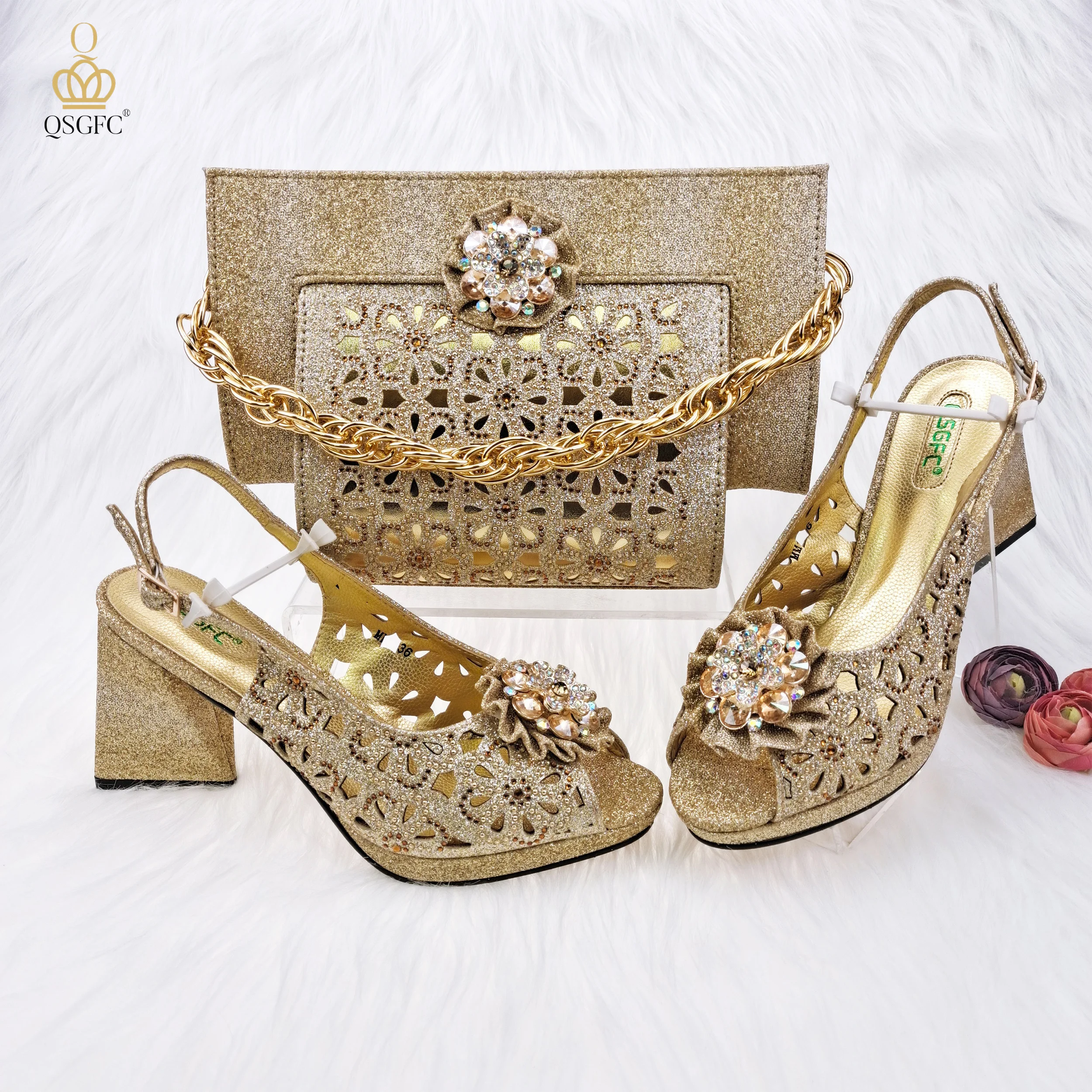 

QSGFC Newest Gold Color Cutout Pumps High Heels Decorated with Rhinestone Flower Design Party Women's Shoes and Bags Set