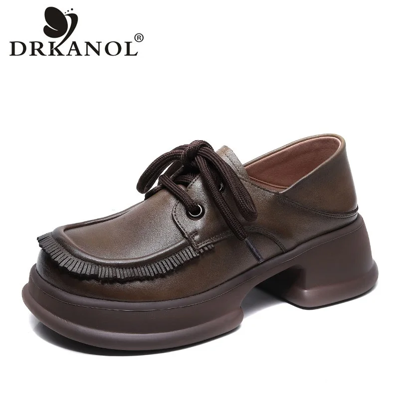 

DRKANOL 2022 British Style Platform Shoes Women Genuine Leather Handmade Retro College Style Student Thick Heel Casual Shoes