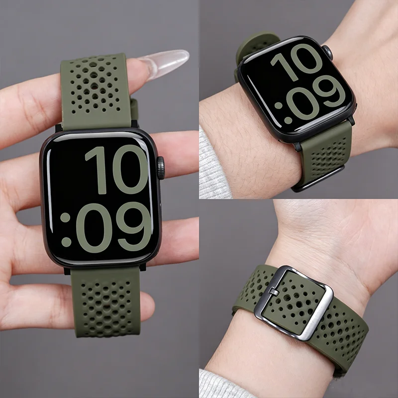 Фото Силиконовый ремешок для Apple Watch 44 мм, 45, 40, 41, 42, 46, 49 мм, спортивный ремешок для iWatch серий 11, 10, 8, 7, 6, 5, SE, 9, Ultra, 3, аксессуары №1