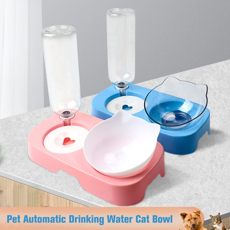 

Pet Cat Bowl Automatic Feeder 2-in-1 Dog Cat Food Bowl With Water Fountain Double Bowl Drinking Raised Stand Dish Bowls For Cats