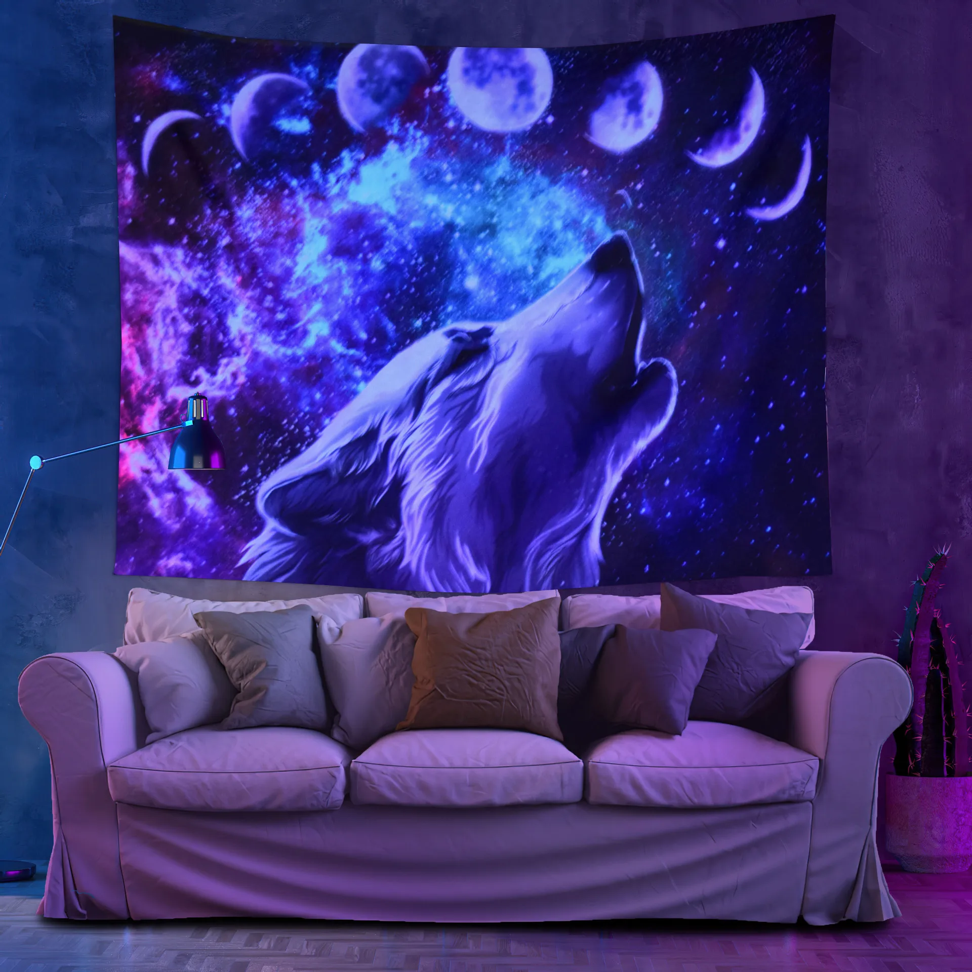 Темно-Синий флуоресцентный черный гобелен Волк тигр лев Сова художественный