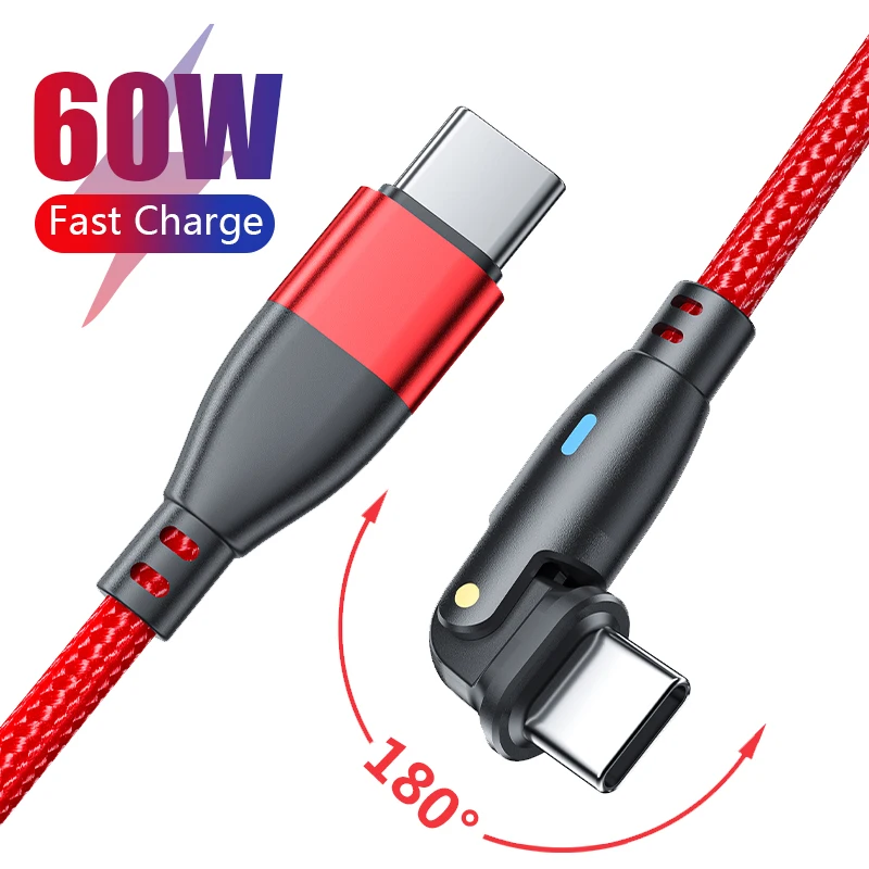

PD 60W Type-C 90 Degree Rotable Charging Data Cord Elbow Fast Charging Charger Phone Cable Wires for Samsung Xiaomi Huawei