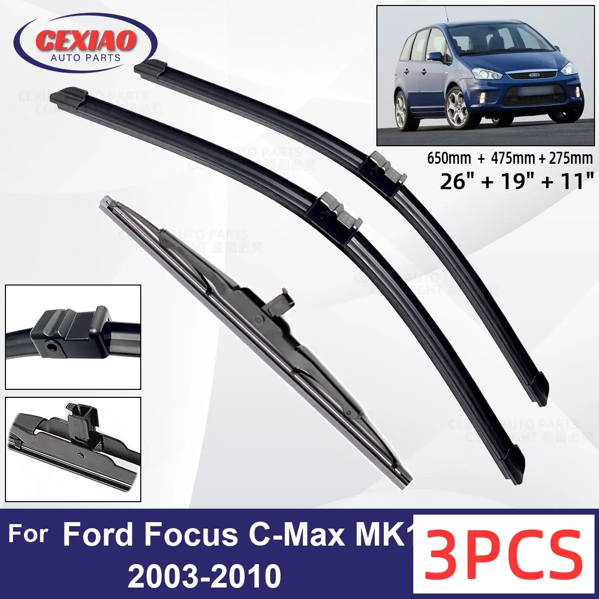 

For Ford Focus C-Max MK1 / C-Max MPV MK1 2003-2010 Car Front Rear Wiper Blades Windscreen Wipers Auto Windshield 26"+19"+11"