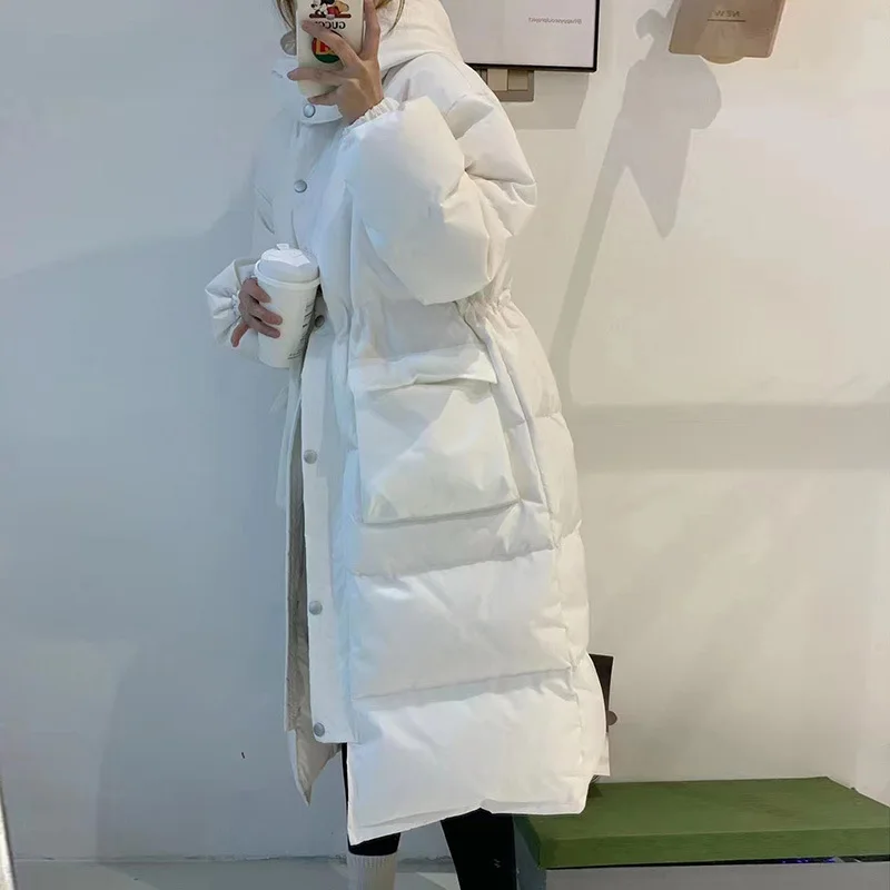 Knee Down Jacket 2022 Winter New Dongdamen Hooded Waist Closed White Duck Down Thickened Large Pocket Coat for Women