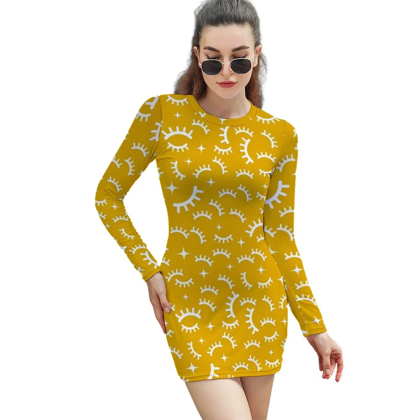 

Eyelashes Bodycon Dress Women White And Yellow Club Dresses Spring Long Sleeve Korean Fashion Custom Dress Big Size