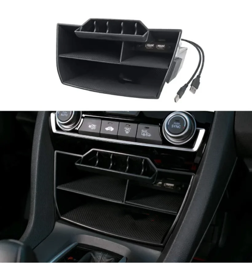Central Console Storage Box Coins Trays Cards Case With Usb Extension Cable For 10th Gen Honda Civic Sedan 2016-2020