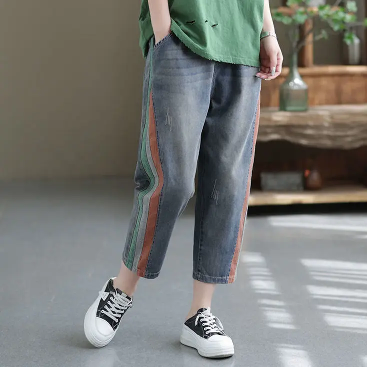 

Джинсы URIOR женские прямые в стиле ретро, свободные брюки-султанки контрастных цветов в стиле пэчворк, с эластичным поясом, лето 2023