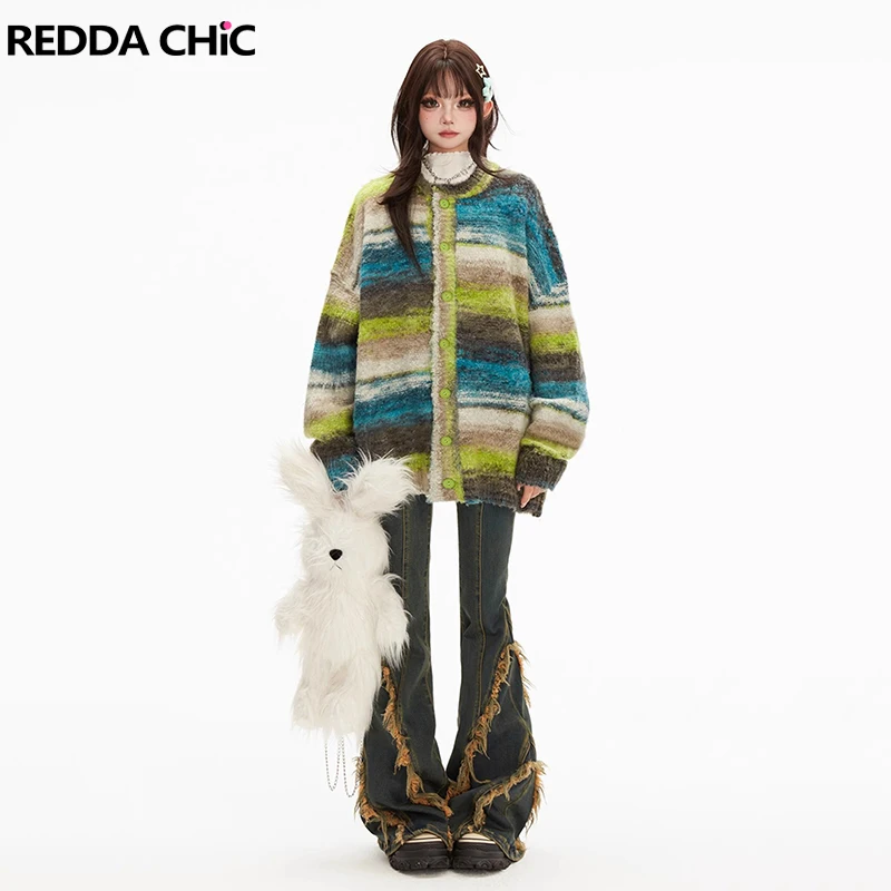 REDDACHiC большой размер цветной блок полосатый кардиган свитер женский Y2k ретро с