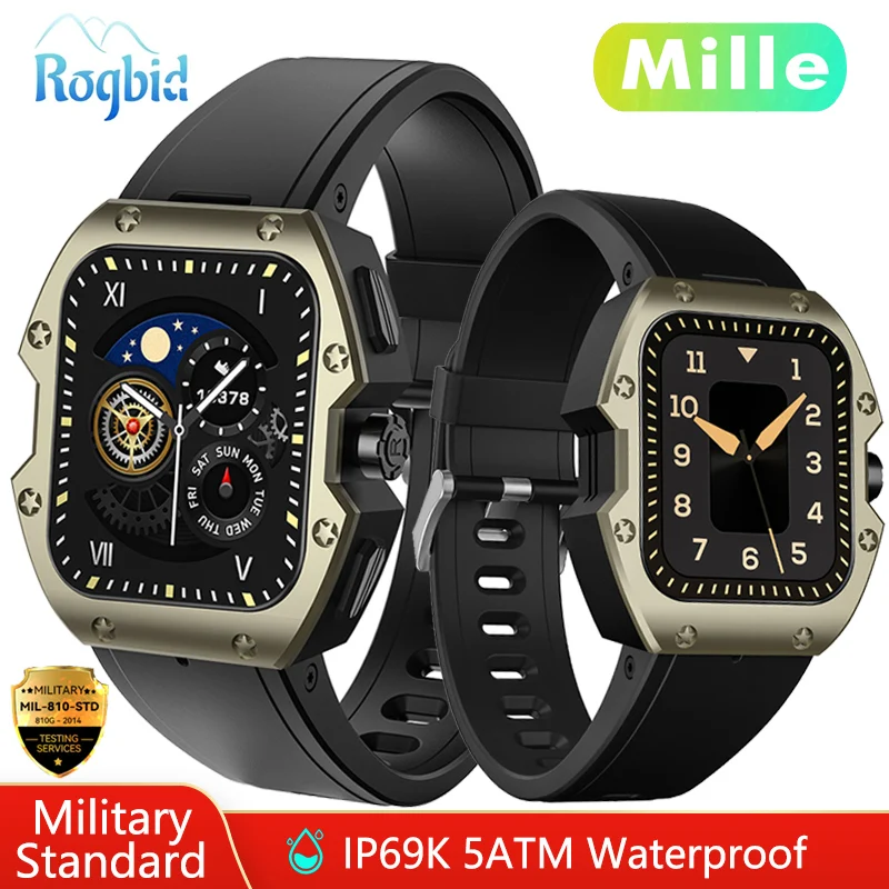 Rogbid Mille 5ATM IP69K Waterproof Smart Watch Men Bluetooth Call Rugged Outdoor Smartwatch 100+ Sports Modes Long Standby Time