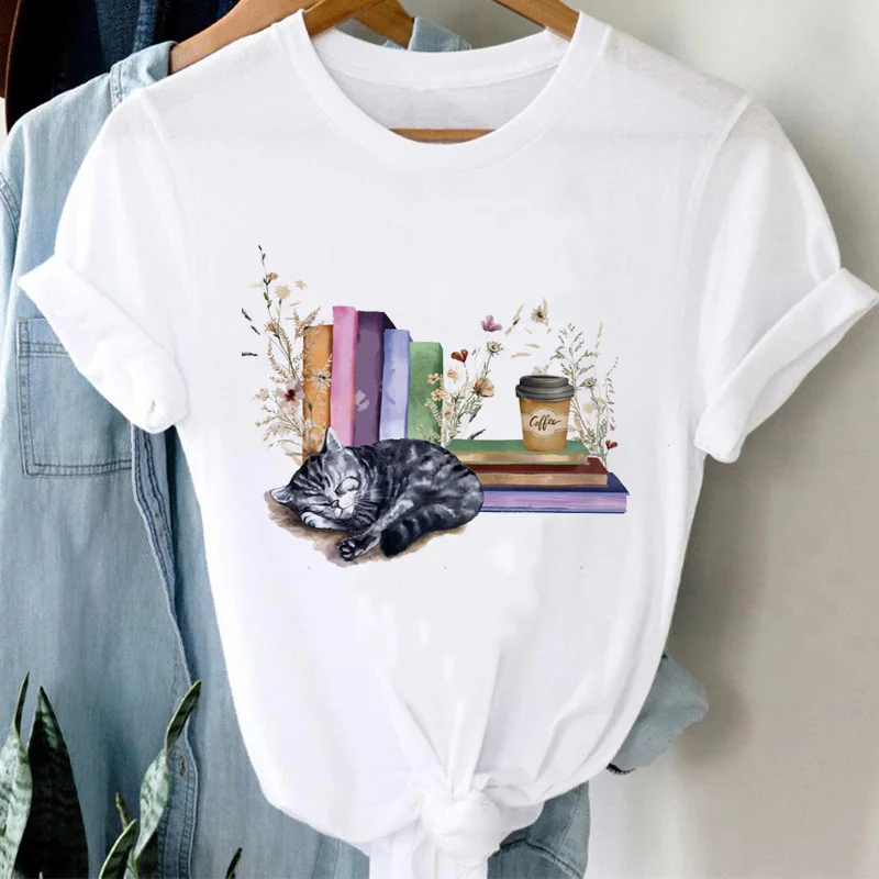 

Pattern T-shirt 90s Sweet Fun Book Cartoon Printed Clothing Summer Women's Fashion Versatile Women's Cute Cat Short Sleeve T-shi