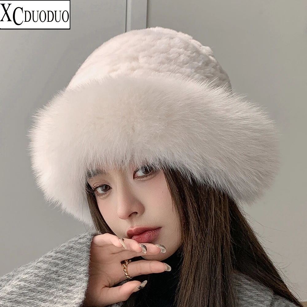 

Women Luxury Winter Hat Real Rex Rabbit Fur Bomber Hats Lady Winter Genuine Fox Fur Cap Beanies Warm Soft Fluffy Natural Fur Hat
