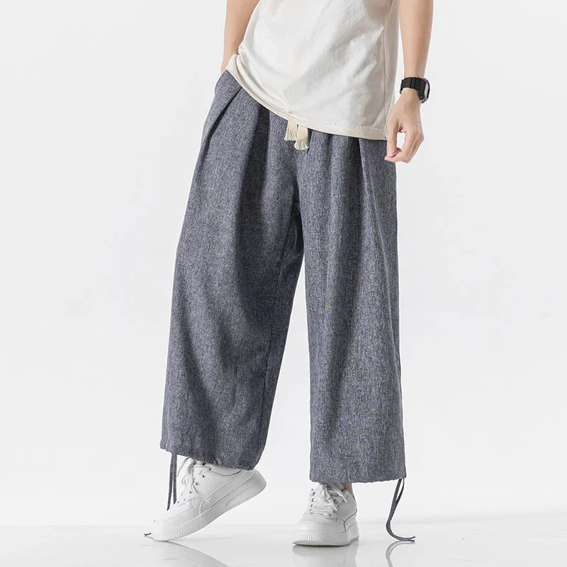 

Брюки MrGB мужские с широкими штанинами, хлопково-льняные повседневные штаны в китайском стиле, однотонные винтажные штаны с кулиской, одежда больших размеров