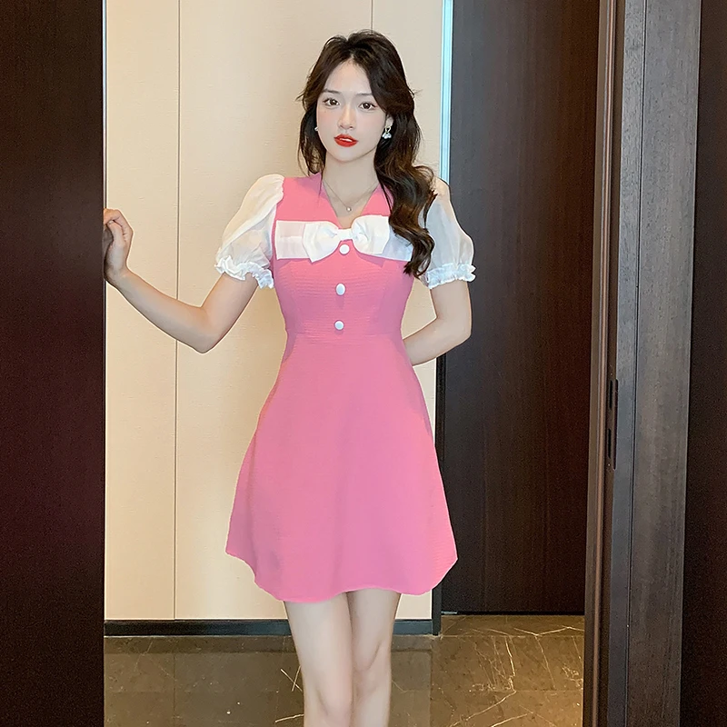 

Женское платье с V-образным вырезом, приталенное розовое ТРАПЕЦИЕВИДНОЕ ПЛАТЬЕ в Корейском стиле с бантом, Новинка лета 2023