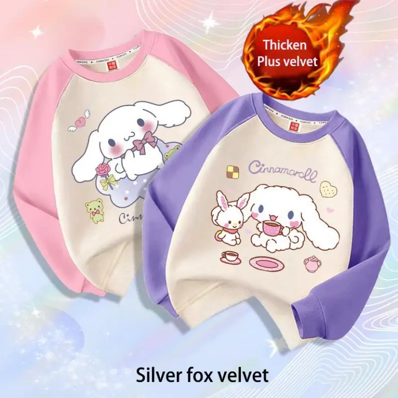 

2023 Kawaii Miniso Kids Clothes Girl Sweatshirt Anime Kuromi My Melody Cinnamoroll Autumn Winter Clothing Silver Fox Velvet Tops