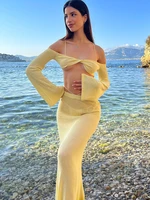 sexy slash neck long sleeve crop top high waist bodycon midi skirt beach matching suits women y2k club see through 2 piece sets